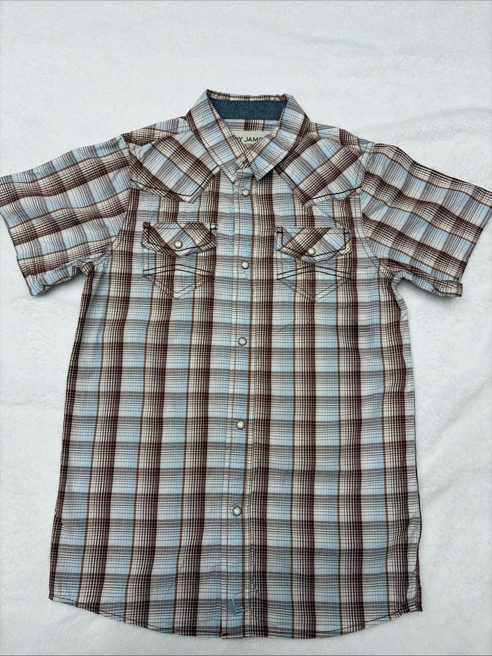 JAM Plaid Short-Sleeve Button-Down Shirt in Blue and Brown